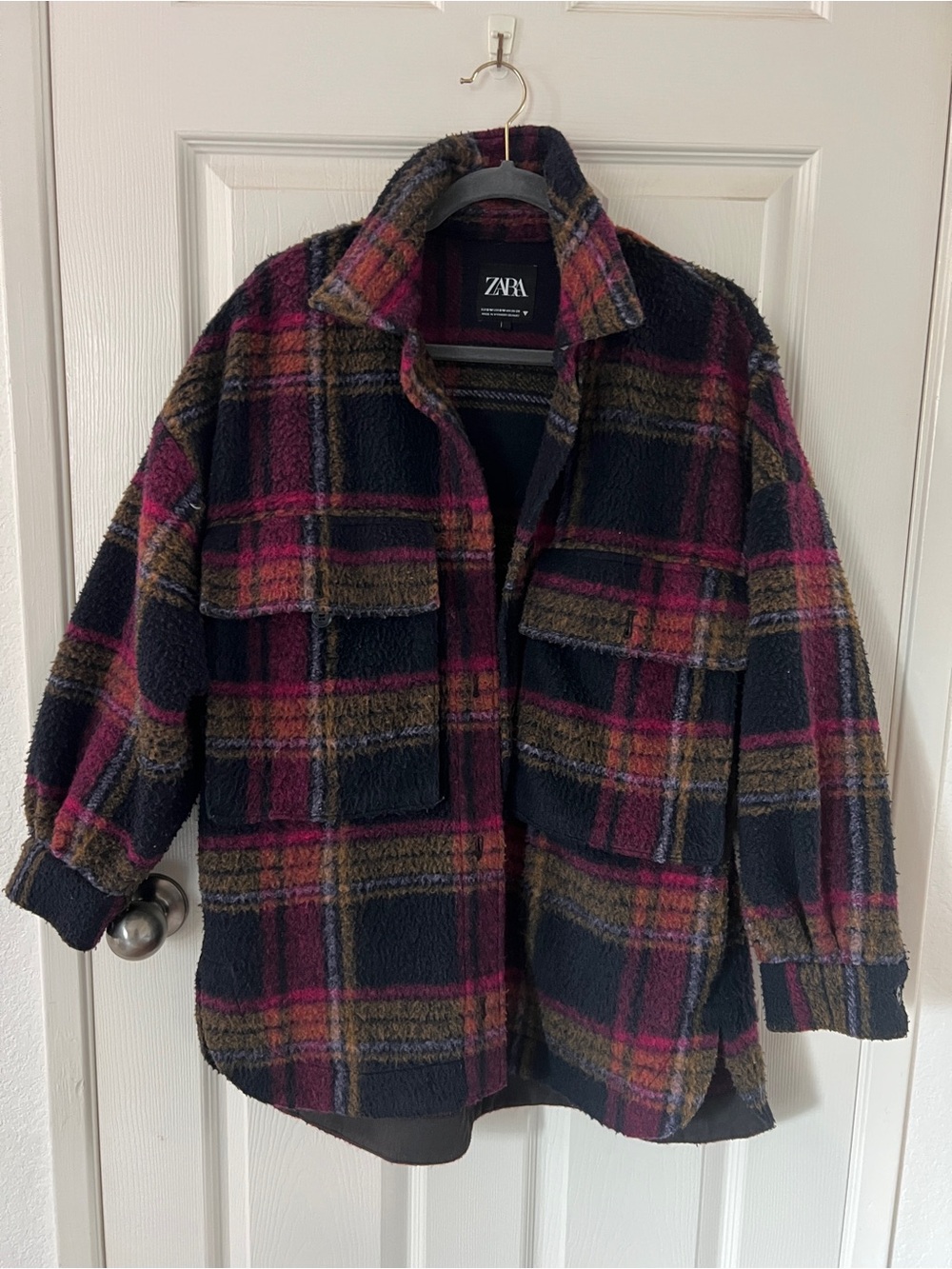 Zara Plaid Teddy Shacket Jacket - Black, Pink & Brown